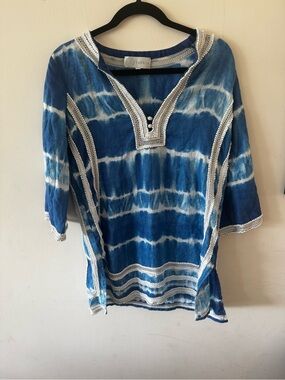 Tashia Shibori Blue & White Tie-Dye Embroidered + Beaded Linen Tunic, Medium